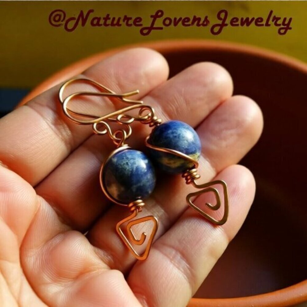 Handmade & Eclectic! Blue Sodalite & Copper Dangle Earrings ~ Blue Jeans Colors! - Picture 2 of 14